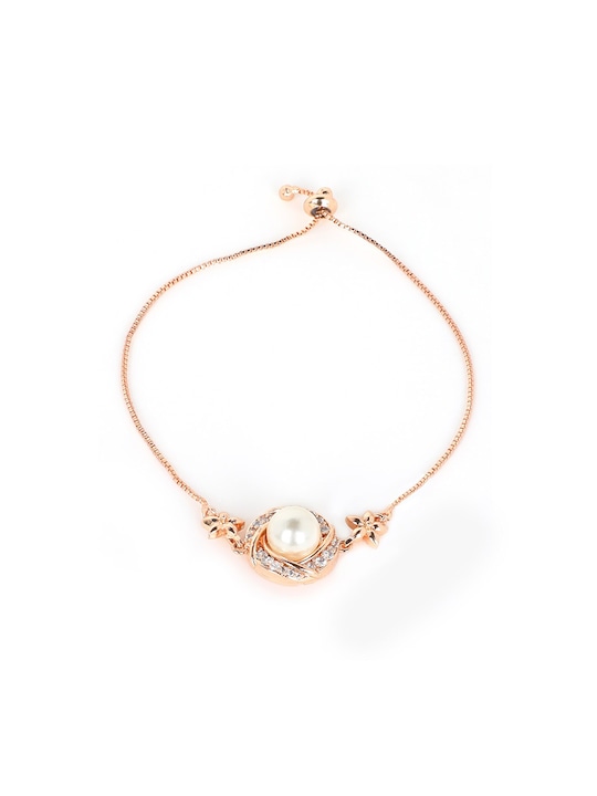 Placeholder ACCESSHER Stunning Rose Gold Plated Delicate American Diamonds and Pearl Embedded Minimal Design Bracelet with Pull String Closure for Women and Girls