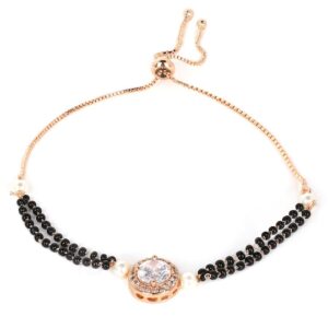 ACCESSHER Gold Plated American Diamonds Studded Black Beaded Mangalsutra Design Inspired Delicate Bracelet with Pull String Closure for Women and Girls