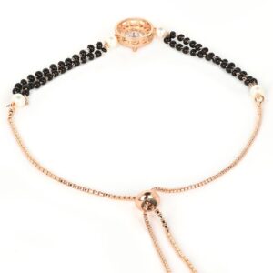 ACCESSHER Gold Plated American Diamonds Studded Black Beaded Mangalsutra Design Inspired Delicate Bracelet with Pull String Closure for Women and Girls