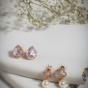 Accessher Rose Gold Plated Stunning American Diamond Studded Minimal Design Floral Shaped Stud Earrings with Pearl Drop Pack of 2 for Women