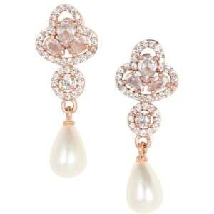 Accessher Rose Gold Plated Delicate American Diamonds Embedded Minimal Design Stud Earrings with Pearl Drop and Pushback Closure for Womern and Girls
